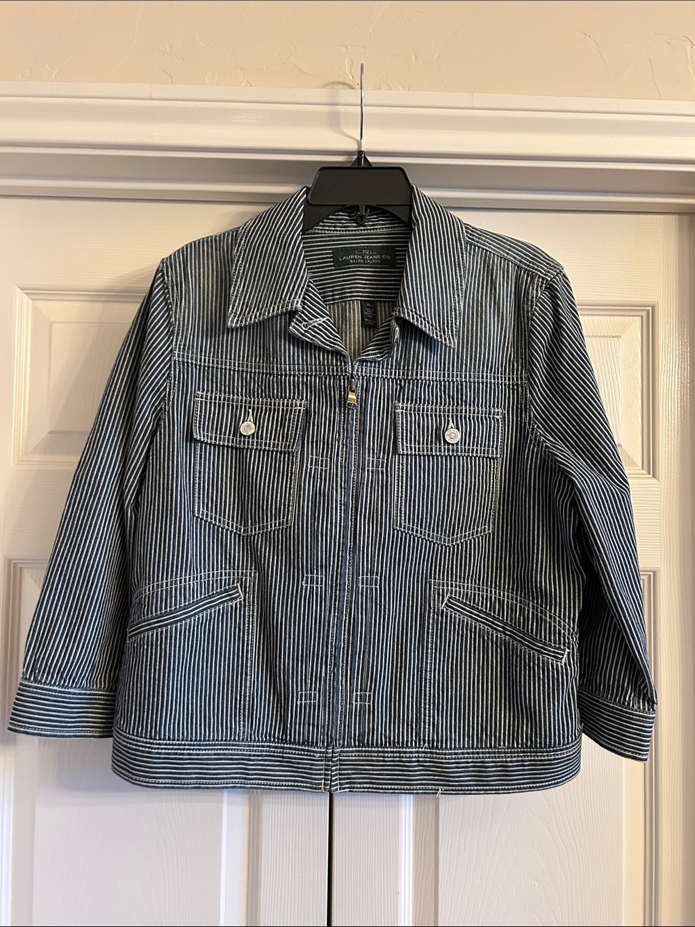 Lauren Ralph Lauren Navy and White Striped Quarter Sleeve Zip Jacket